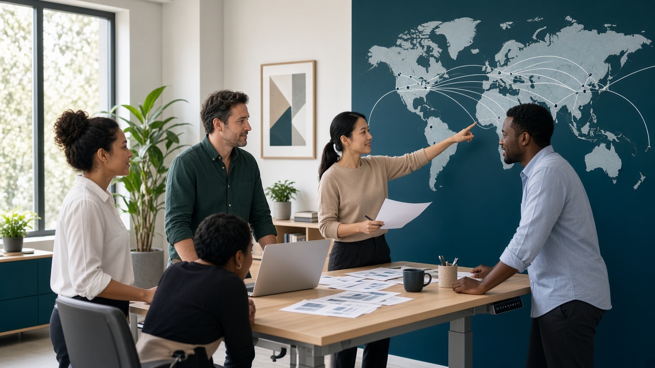 International Trevi Company team planning payouts in front of a world map connecting Latin America, the US, Europe and Asia