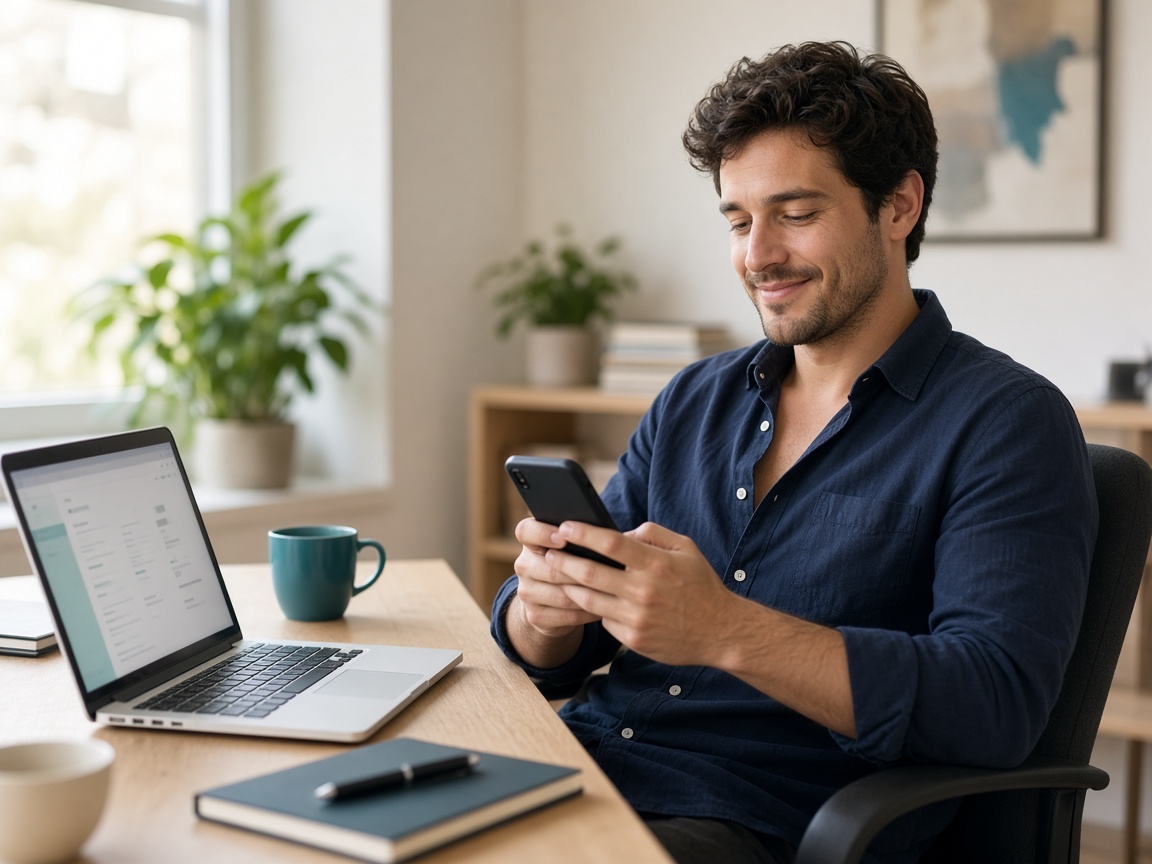 Relaxed agency owner checking a payout notification on his phone at his desk